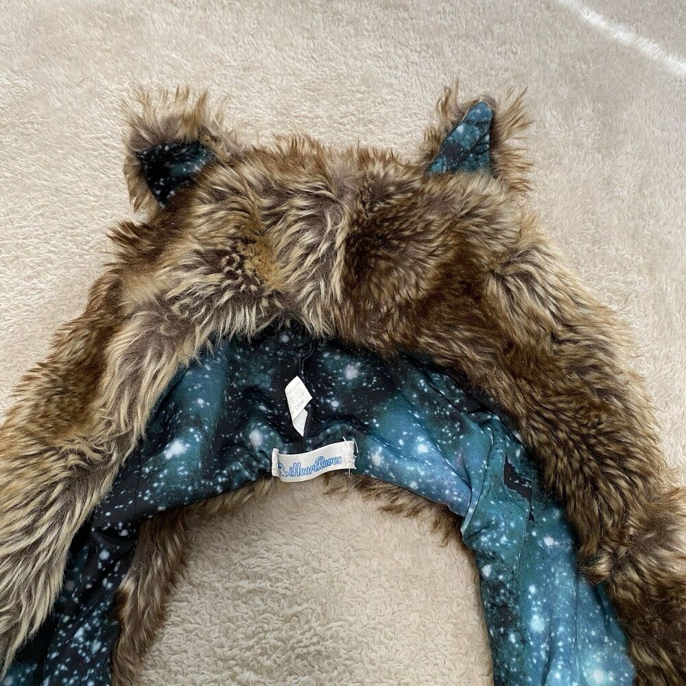 Wolf Faux Fur Animal Hood Hat One Size 3-in-1 Scarf Mittens Paws Rave Festival - Picture 3 of 12